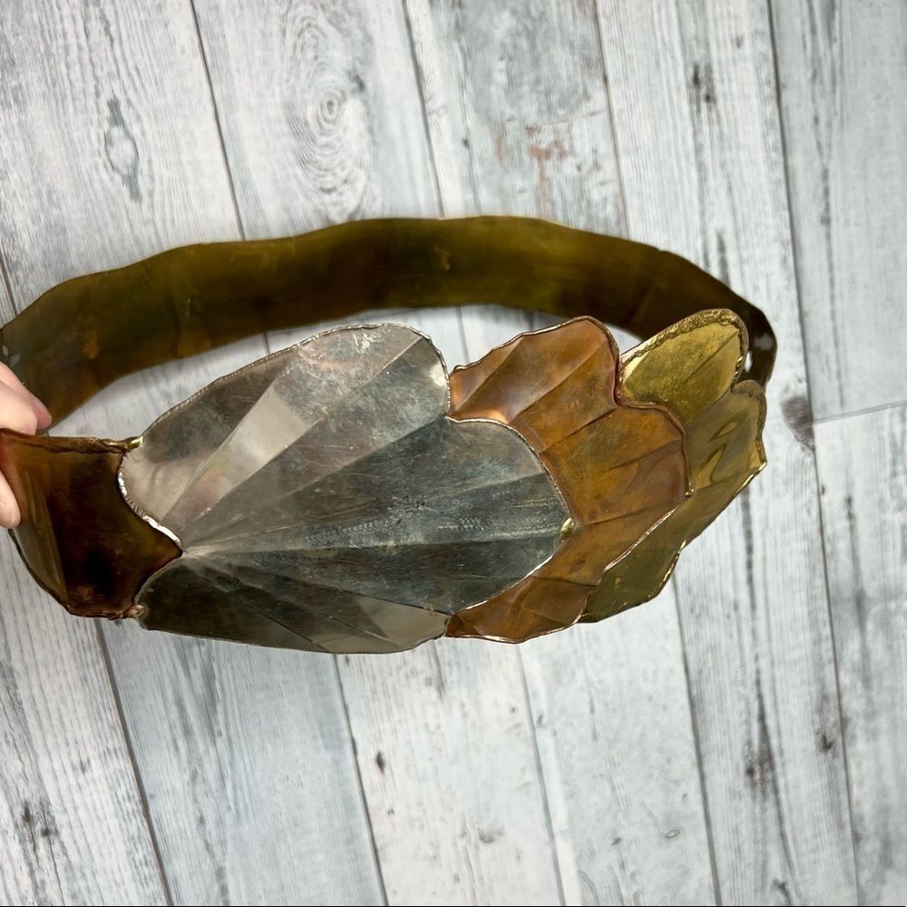 Vintage 80s Artisan Mixed Metal Scalloped Leaf Wide Belt Gaudy Unique Avantgarde - Picture 4 of 12